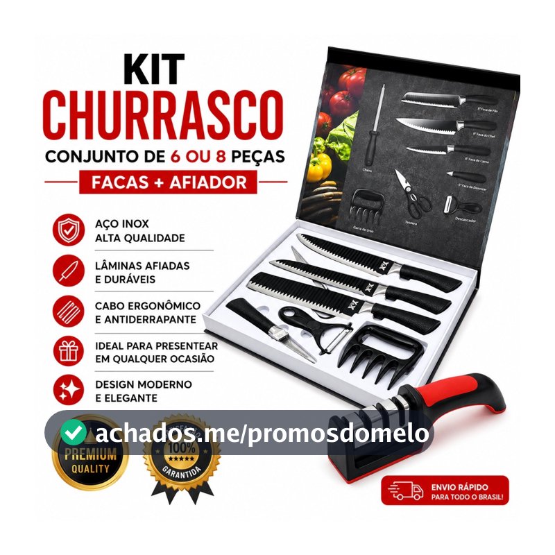 Kit Churrasco Conjunto de 08 Peças Facas Gourmet Corte Navalha Antiaderente Premium Presente Maleta