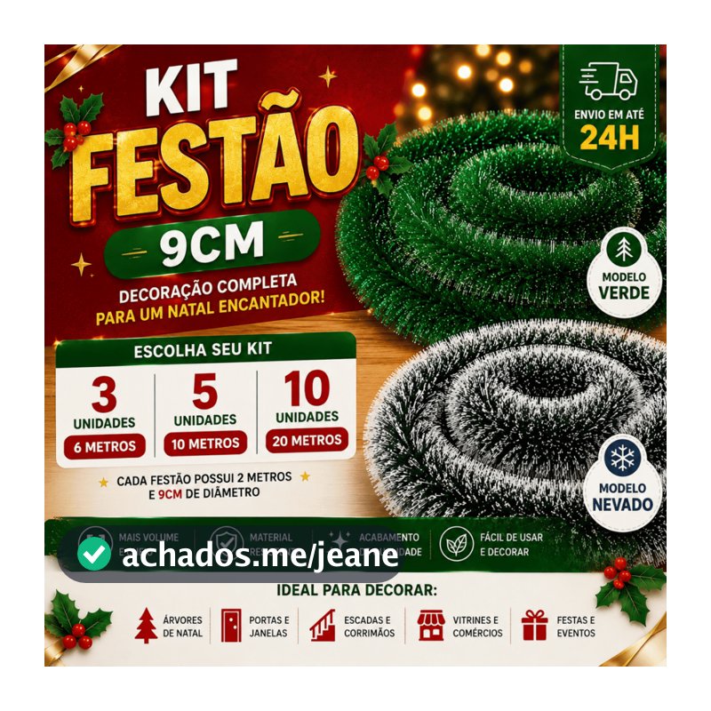 Festão de Natal Verde ou Nevado 2 Metros x 9 Cm | Kit 3, 5 ou 10 Guirlanda Enfeite Natalino Natal