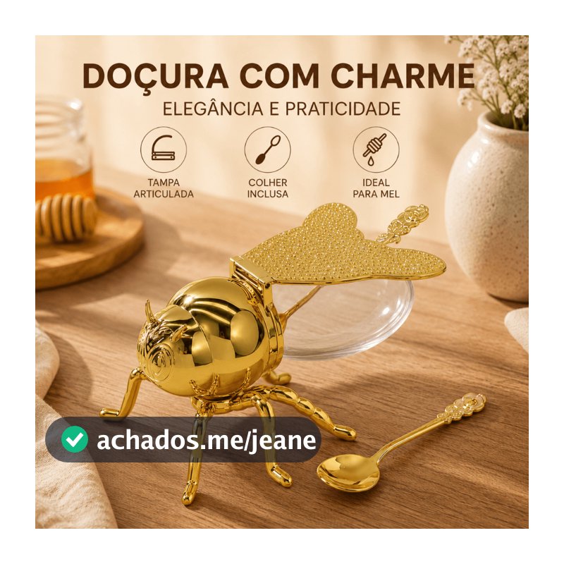 Açucareiro Meleira Abelha Luxo Dourada Acrílico Com Colher Mesa Posta 150ml