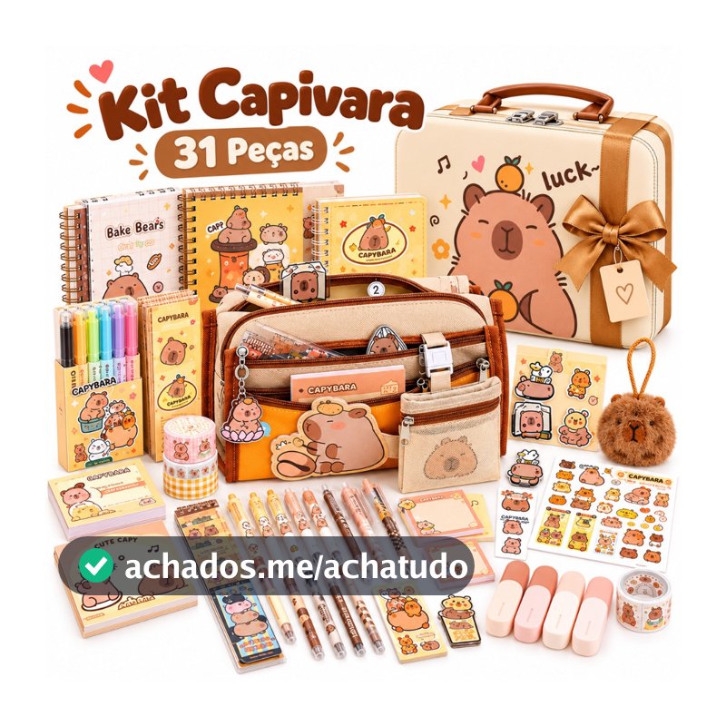 Kit Papelaria Capivara 31 Peças Estojo Canetas Caderno Presente Escolar Infantil
