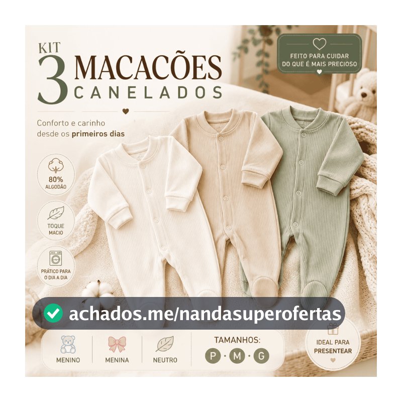 Kit 3 Macacões Bebê Suedine Canelado Manga Longa Com Pé 80% Algodão P M G