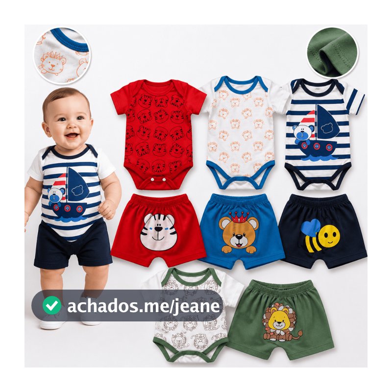 Kit Enxoval 6 Peças Body Bebê Infantil Menino Animado Estampado Bodie Short Mijão