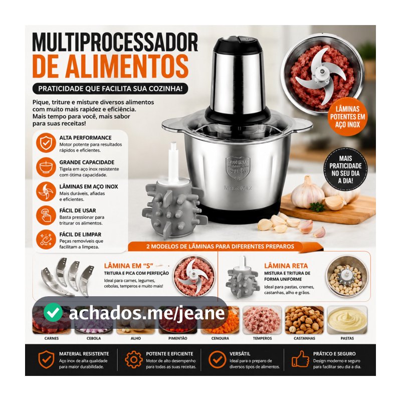 Triturador Elétrico De Alimentos Inox 110V/220V Processador e Moedor De Carne Descascador de Alho 3L