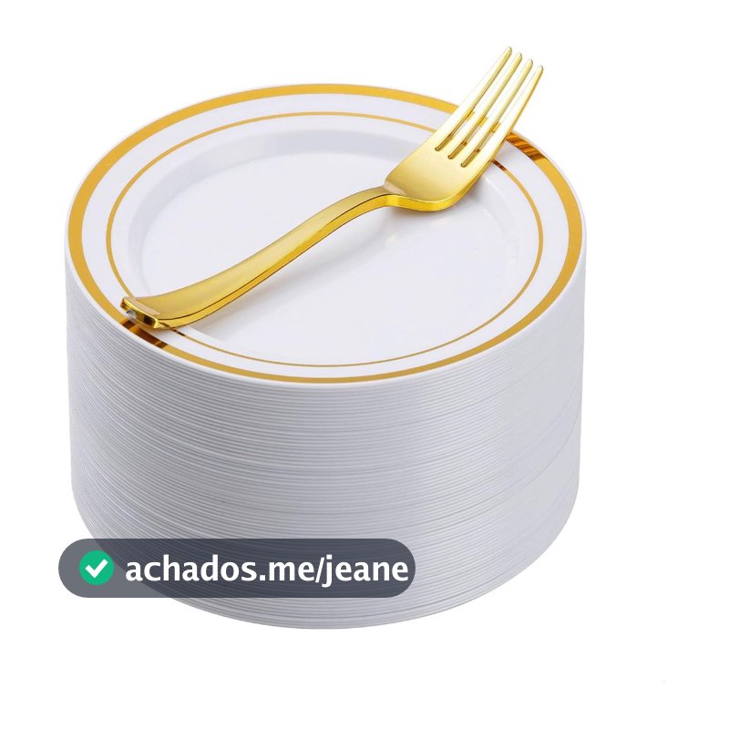 Kit 100 Peças, descartáveis pratos de sobremesa de ouro com garfos de plástico Set, Conjunto de Festas 50Convidados