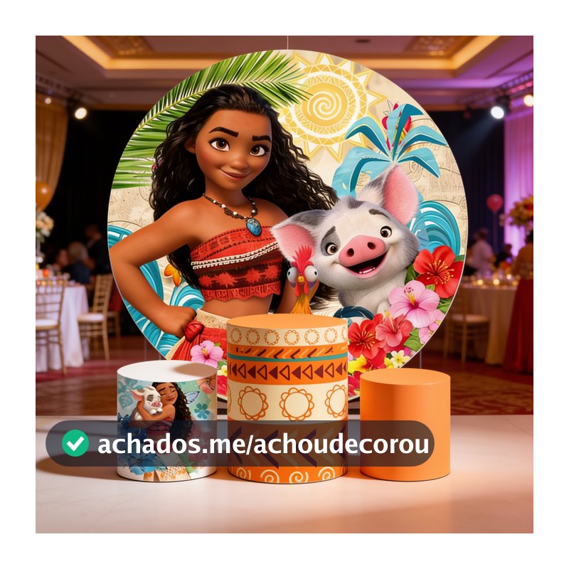 Capa Painel Redondo + Capas de Cilindro Sublimados Para Festas Tema Moana e Moana Baby
