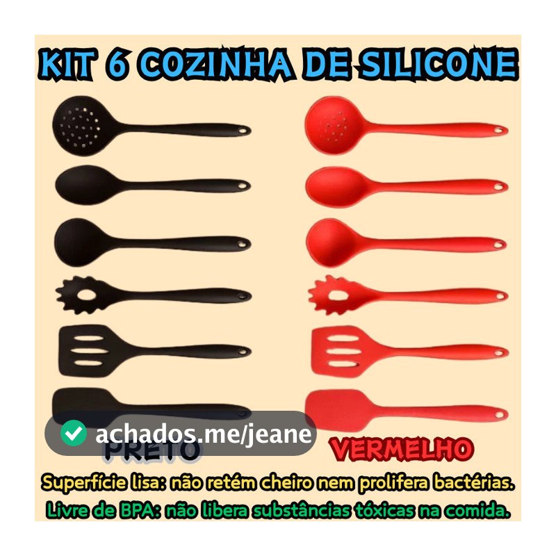 Kit 6 Peças De Silicone Espátula Para Cozinha Concha Escumadeira Colher Vazada Vermelho Ou Preto