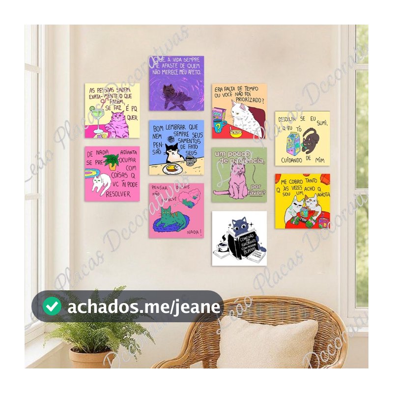 QUADROS FRASES MENSAGENS MOTIVACIONAIS MENTE FOCO DETERMINAÇÃO GATOS GATINHOS GATO PENSADOR KIT 10 PLACAS MDF 20X20cm