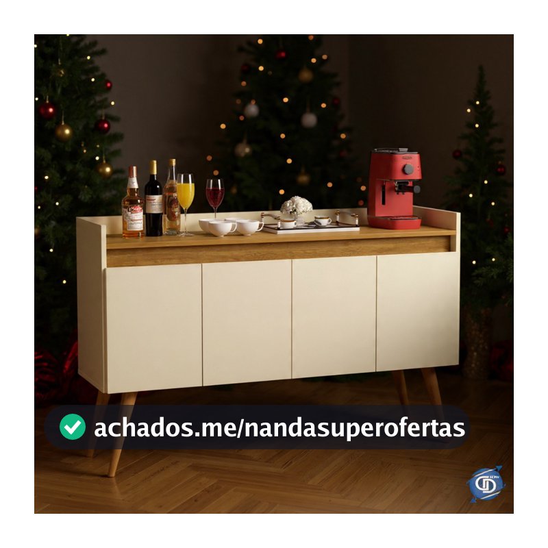 Aparador Buffet Retrô Sala Pés Palito Em Madeira Maciça  Elegance 4 Portas Prateleira Interna