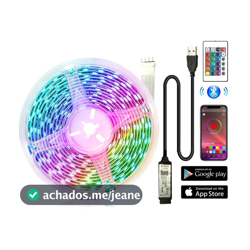 Fita de LED RGB com sincronia musical, iluminação para TV, controle por app/controle remoto, 5W, USB 5V, flexível.