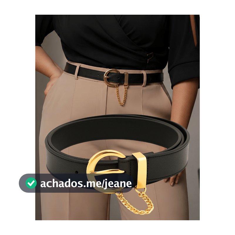 Cinto Feminino Plus Size Fino Corrente Dourada Elegante Fivela Ajustável Preto Caramelo Casual
