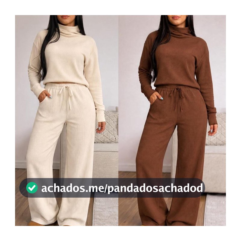 Conjunto Feminino Calça Pantalona e Blusa de Gola Alta Manga Longa Tecido Anarruga Moda Elegante