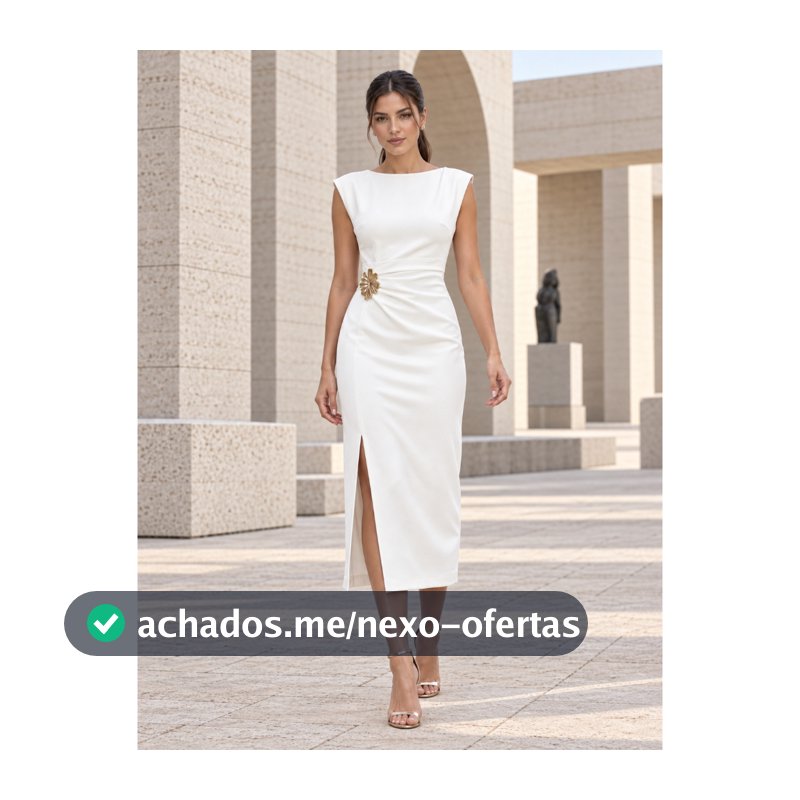 Vestido Midi Louis Twill Alfaiataria Luxo com Fenda e Zíper Invisível Broche Festa P M G REF 25108