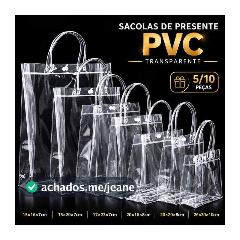 Sacola de Presente Transparente PVC com Alça Reutilizável 5/10 Peças Vários Tamanhos para Lembrancinhas, Casamento