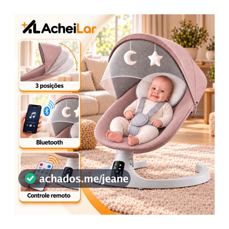 Cadeira de Balanço Elétrica para Bebê AcheiLar 3 Velocidades Bluetooth Controle Remoto Mosquiteiro