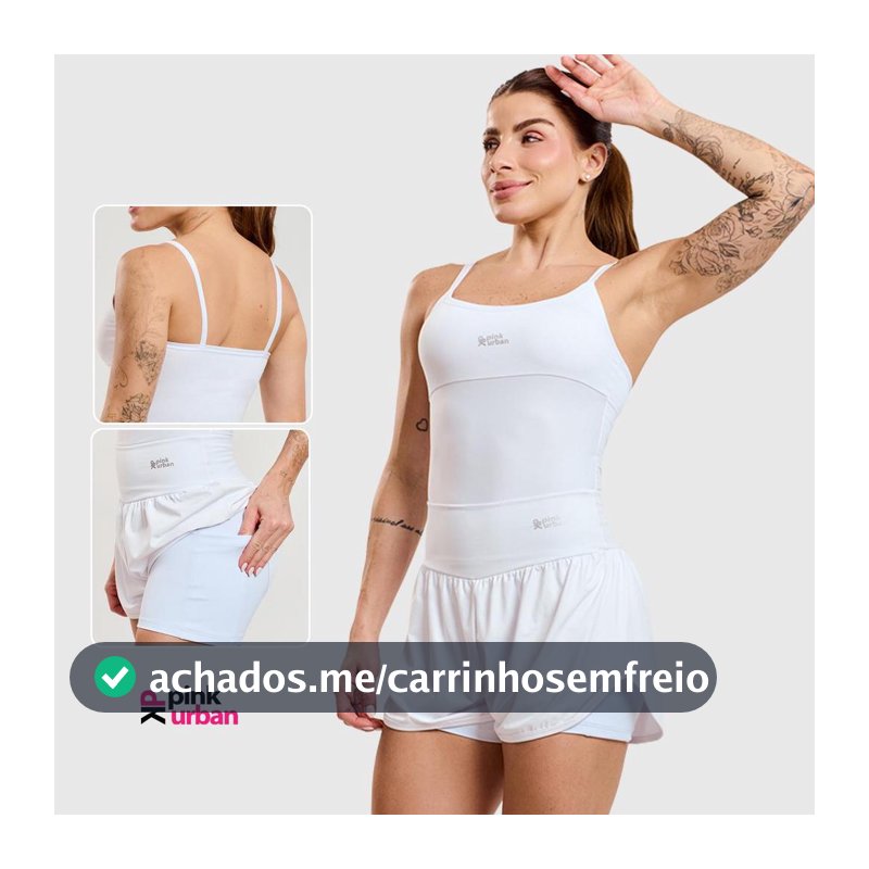 Conjunto Regata Camiseta Poliamida + Short Fitness Feminino Saia Beach Bolso Interno Soltinho Academia Esportivo