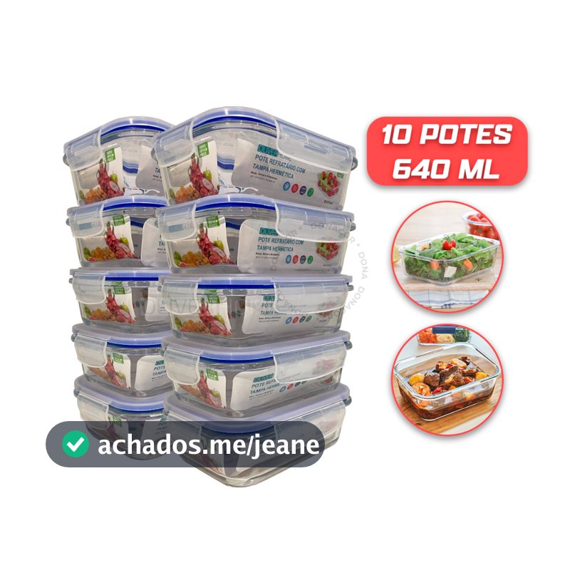 Kit 10 ou kit 5 Potes de Vidro 640ml Hermético Marmita Fit com Tampa 4 Travas Oliver Home