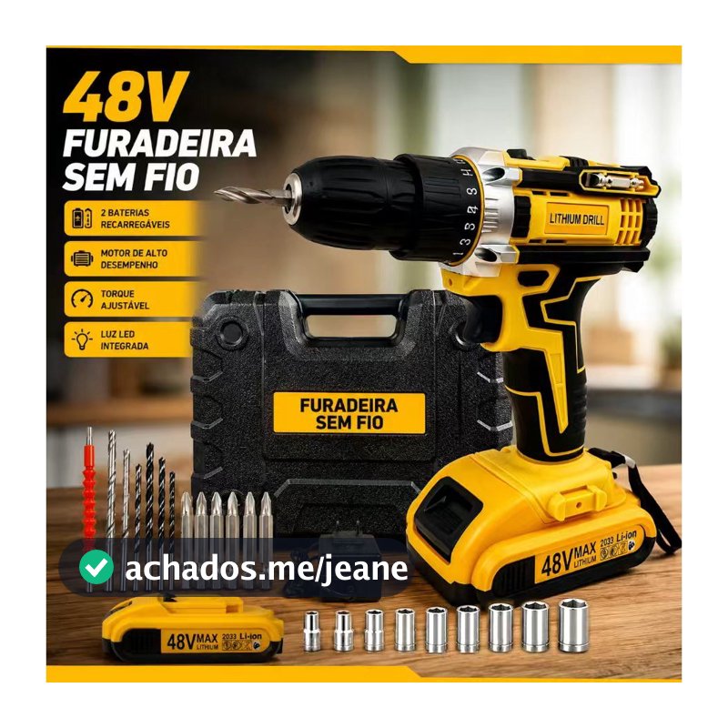 Parafusadeira Furadeira Sem Fio 48V - Bivolt, 2 OU 1Bateria, Maleta de Transporte para Uso Doméstico e Profissional