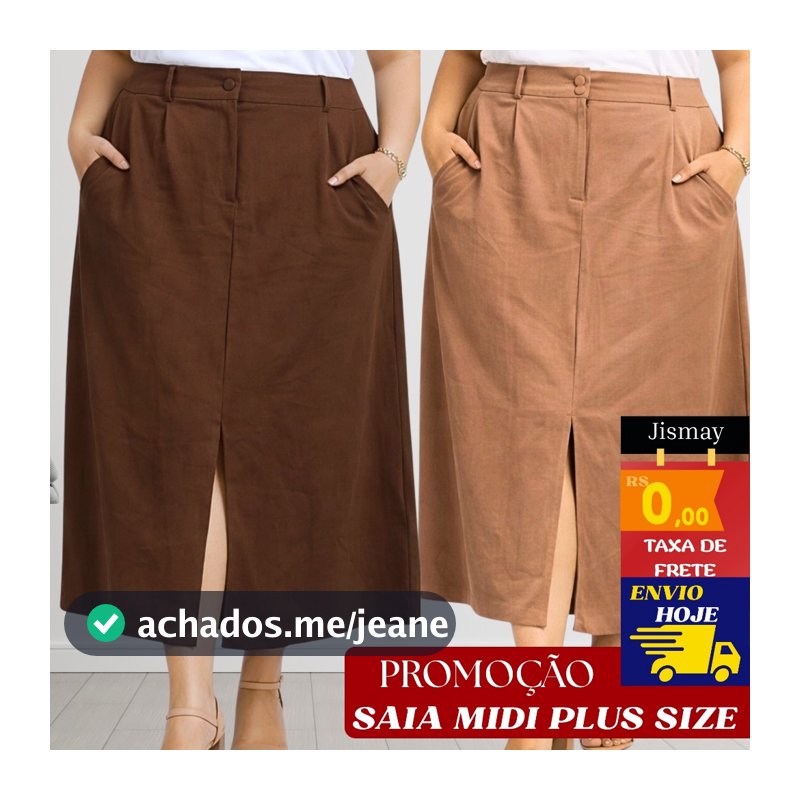 Saia Midi Plus Size Feminina Alfaiataria Marrant Cintura Alta Fenda Frontal Bolso Elegante G1 G2 G3