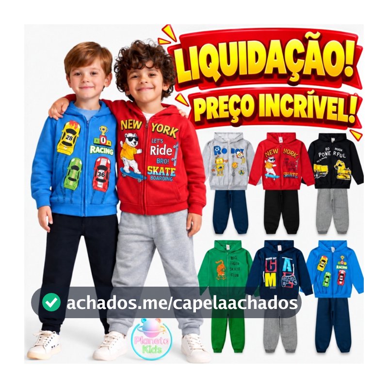 Kit 6 Peças Moletom Jaqueta com Capuz e Zíper e Calça Masculino Infantil Menino Inverno