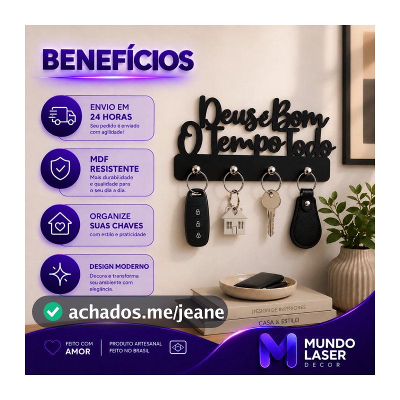 Porta Chaves Mdf Deus é Bom o Tempo Todo Parede Decoração Multiuso