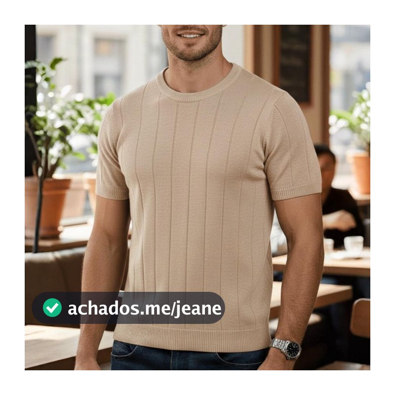 Camiseta Masculina De Tricot Com Manga Curta Gola Redonda Slim Estilosa Luxo