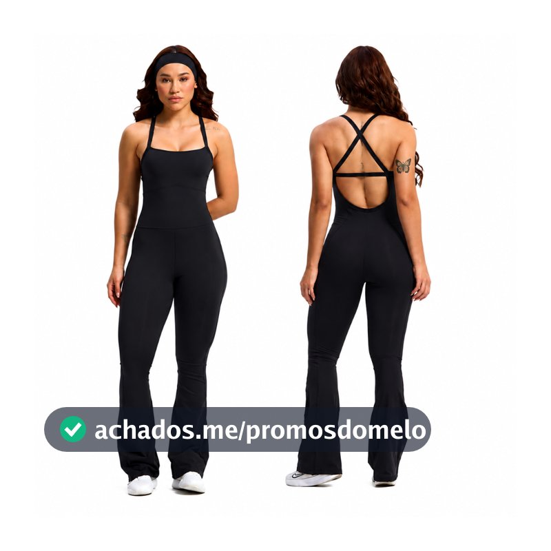 Macacão Feminino Fitness Flare Preto com Alças Cruzadas nas Costas Academia e Casual