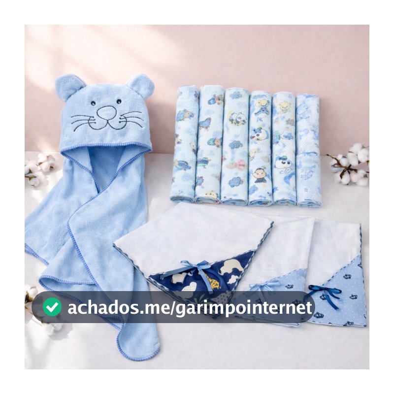 Kit Enxoval Bebê 15 Peças Toalha de Banho Bebê Bordada + 11 Fraldinhas + 3 Manta Fralda 100% Algodão