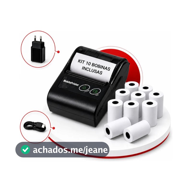 Mini Impressora Bluetooth Portatil Termica 58mm + 10 Bobinas Inclusas Delivery Nota Pedidos