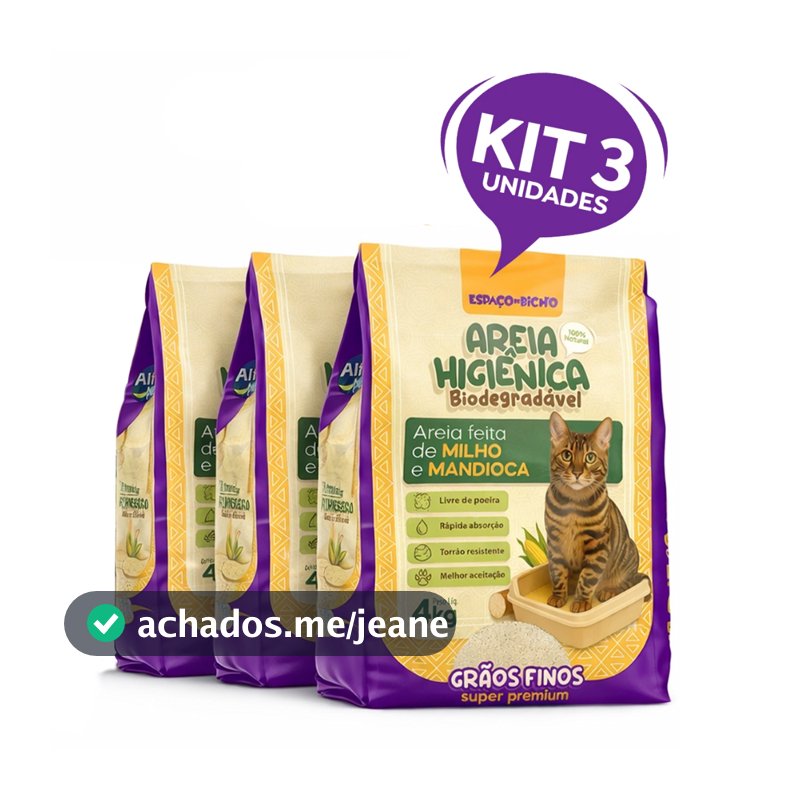 Kit 3 Areia Sanitária Higiênica Biodegradável Grãos Finos Milho e Mandioca (100% Natural)