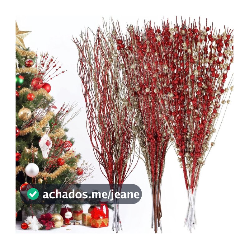 Kit 10 Galho Natalino Vermelho 15 Ramos, 43 CM , Enfeite para Árvore de Natal, Guirlanda e Arranjos
