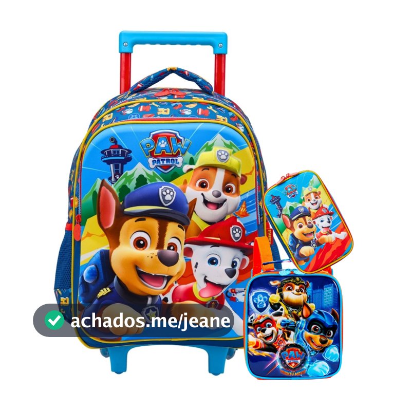Kit Conjunto Escolar Infantil Paw Patrol Patrulha Canina Mochila Rodinha + Lancheira Térmica + Estojo Box