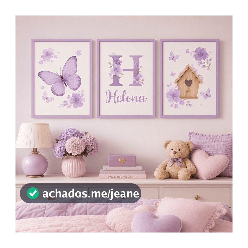 Quadro decorativo 3 peças Personalizado com nome Borboletinha Lilás quartinho de menina