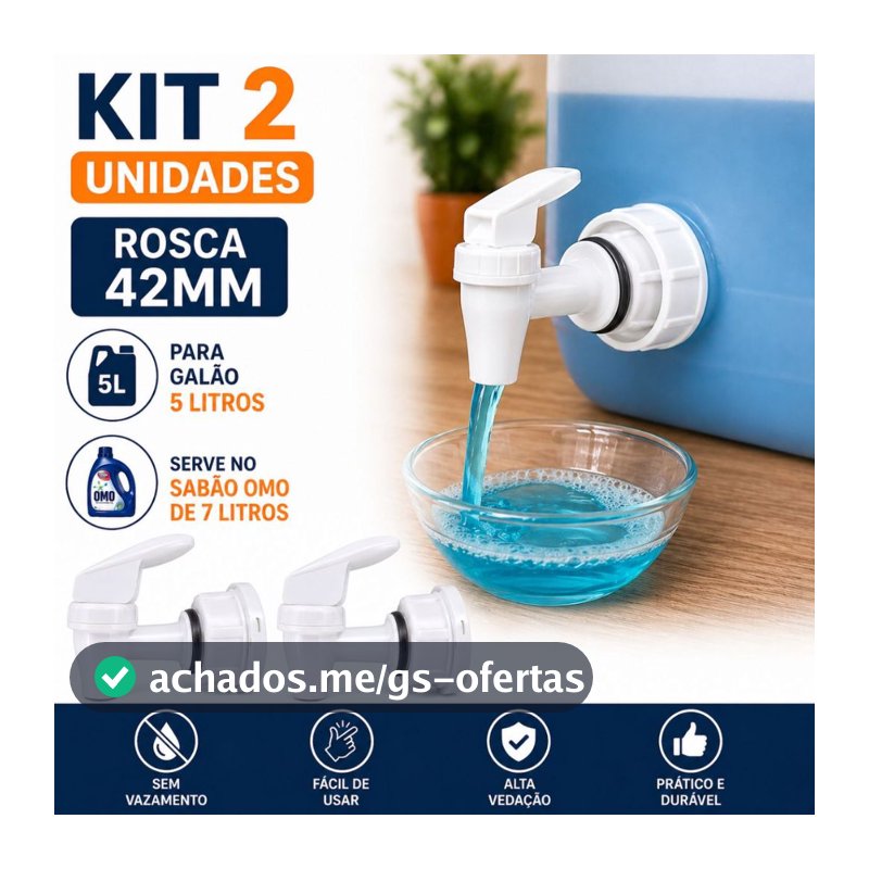 Kit 2 Torneiras com Tampa para Galão 5L e 7L Rosca 42mm Omo Comfort Brilhante Já Vem Montada Sem Vazar