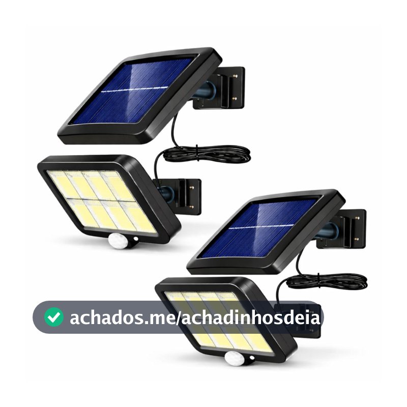 Kit 2 Refletor Solar LED COB 120 LEDs Sensor Presença 3 Funções Branco Frio IP65 Externo