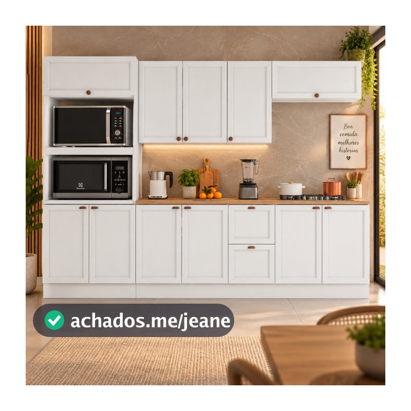 Cozinha Modulada Olivia 11 Portas 2 Gavetas Torre Quente Tampos 27 mm e Nichos 270 cm Poliman Móveis