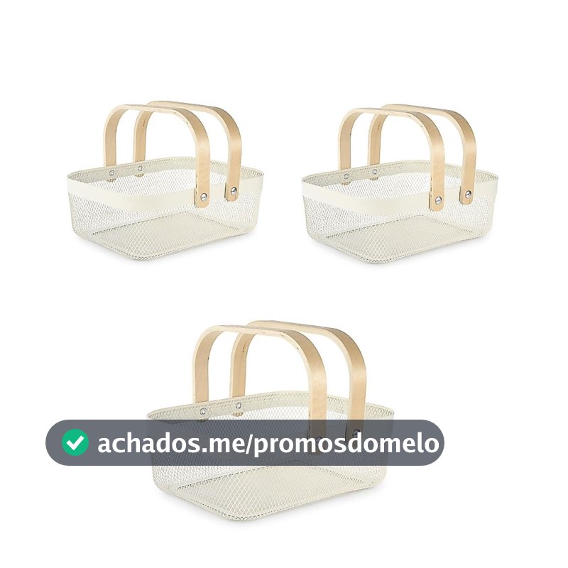 Kit 3 Cestos Organizadores de Metal com Alça em Madeira Multiuso para Cozinha, Banheiro, Sala