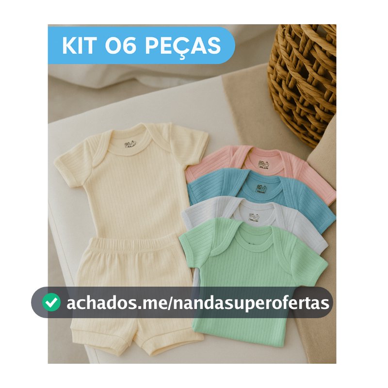 Kit 6 Peças Body Bebê Curto Pagão + Shorts Canelado 100% Algodão Conjunto Verão Roupa Infantil Bebe Menina e Menino