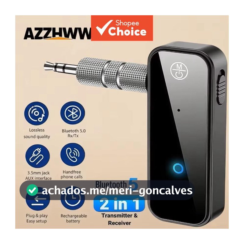 Adaptador de Áudio Bluetooth 6.0 3,5 mm AUX 2 em 1 Receptor e Transmissor para Caixa de Som Automotiva, Tablet e TV