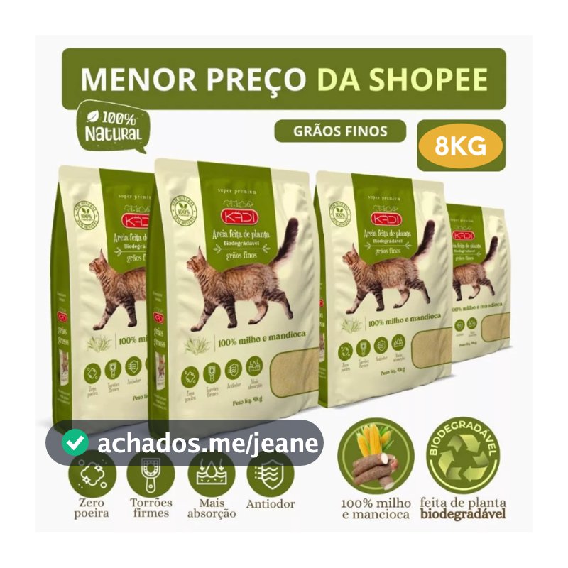 Kit 4 Areia Biodegradável Kadi Grãos Finos Gatos Grão Fino Cat Gato Kit Total 8KG Milho Mandioca Bio