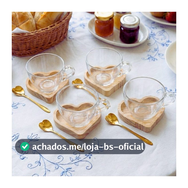 Kit 4 xícaras G + 4 pires Coração + 4 colheres Coração