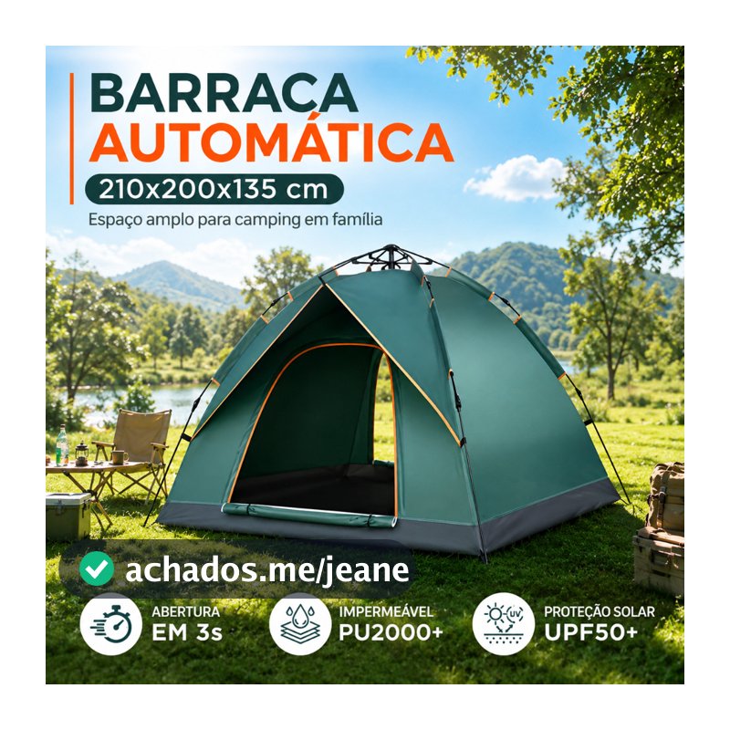 Barraca Camping Familiar Automática 4 Pessoas, Impermeável PU2000+, Proteção Solar UPF50+, Mosquiteiro e Montage