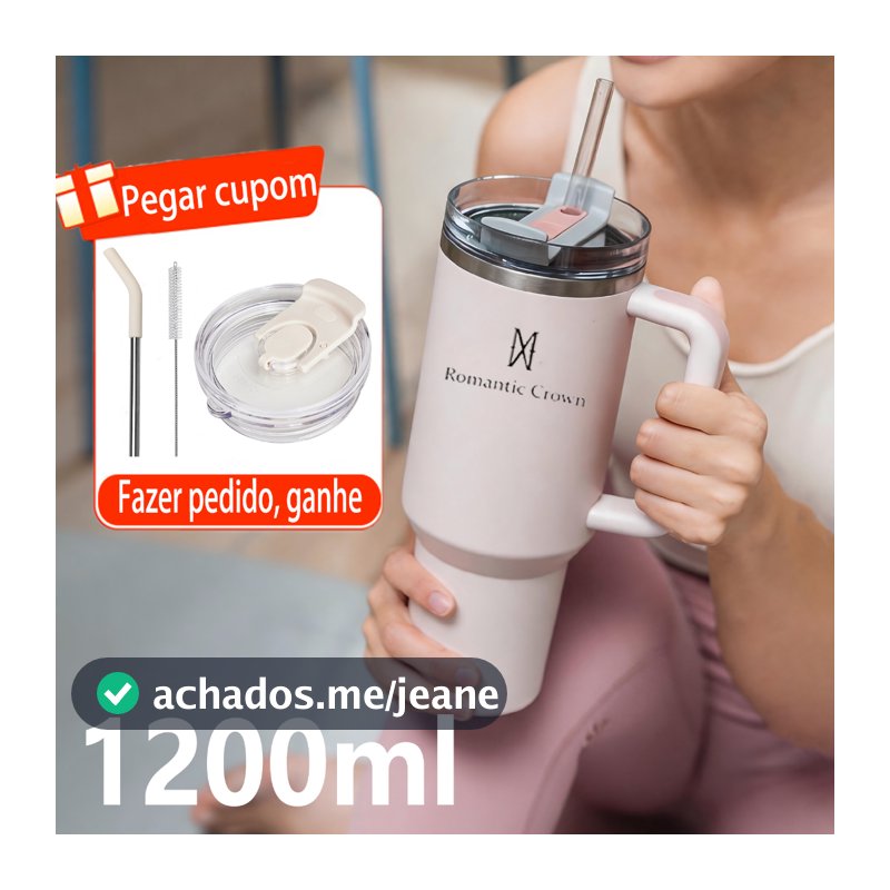 Romantic Crown Copo Térmico Inox Portátil 1200ml/1.2L com Tampa e Canudo Garrafa Térmica Inoxidável