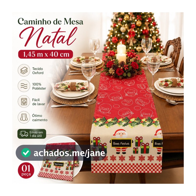 Caminho de Mesa Natal Trilho de Decoração Mesa Posta 1,45m x 40cm Corredor Mesa Passadeira