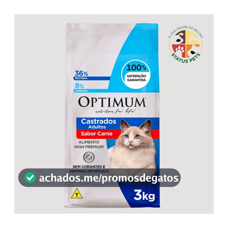 3Kg Ração Optimum para Gatos Adultos Castrados Carne