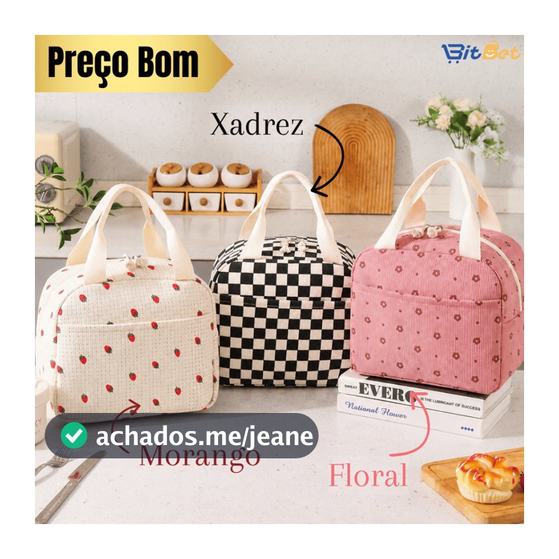 Bolsa Térmica Lancheira Portátil Grande Capacidade com Isolamento Térmico Com Estampa de Flor Morango Xadrez BS-03