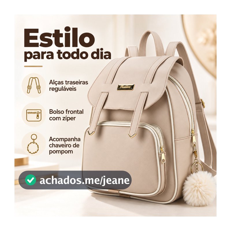 Mochila Feminina Casual Elegante Bolsa Média com Pompom Bolso Frontal e Alças Ajustáveis