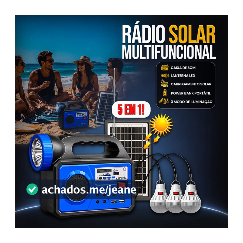 Rádio Solar Multifuncional 5 em 1 Bluetooth FM Power Bank Lanterna LED Painel Solar 3 Lâmpadas