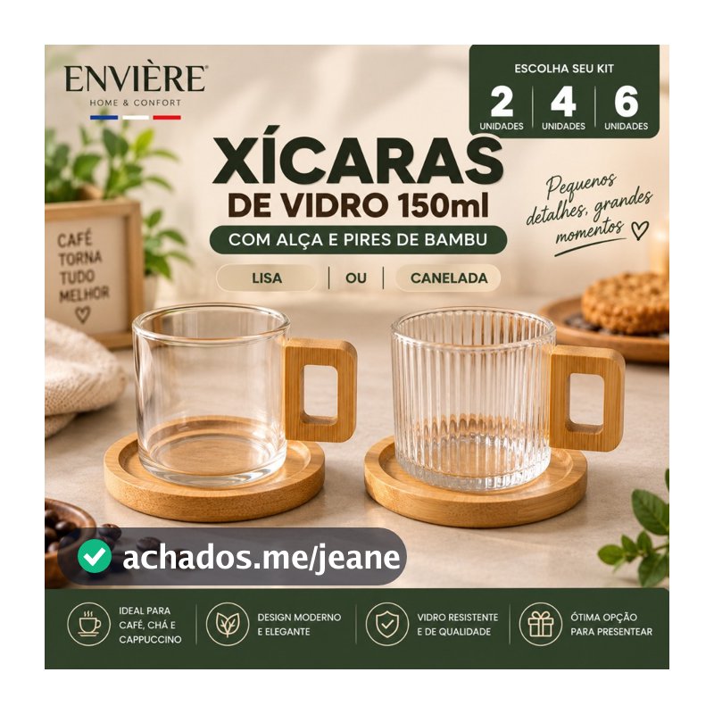 Kit Xícaras de Vidro 150ml com Alça e Pires de Bambu Café Cappuccino Chá Lisa ou Canelada