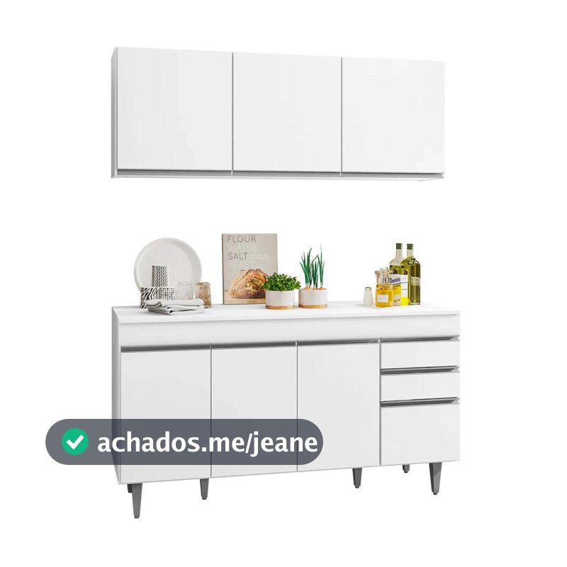 Armário Aéreo Argélia e Balcão Gabinete Para Pia 150cm com Tampo Marrocos  Branco - Lumil Móveis