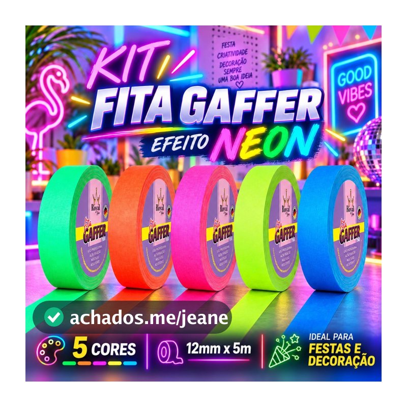 Fita Gaffer Tecido Kt 5 Cor 12mm Efeito Neon 5mt Fluorescente Luz Negra Festa Balada Profissional Demarcar Palco Eventos